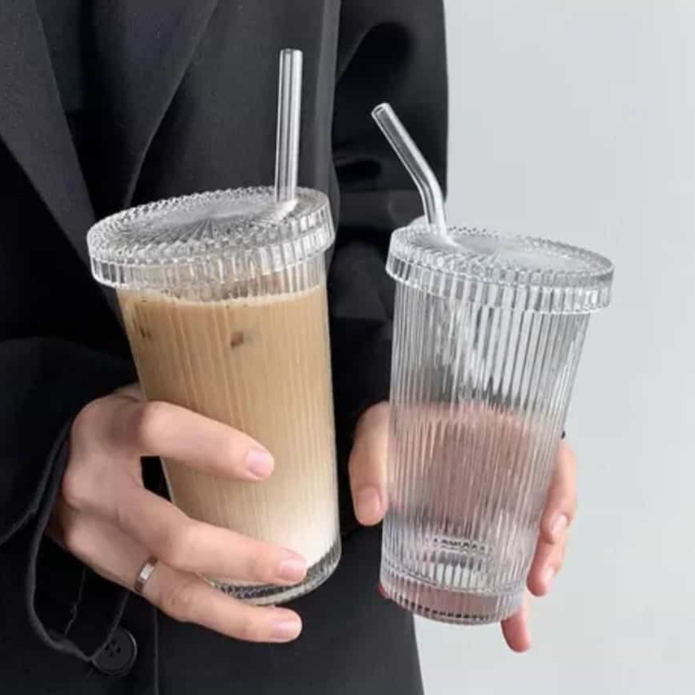Glass cup with glass lid straw